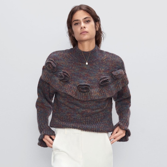 Zara Mohair Blend Oversized Knit Sweater Ruffle Flower Pom-Poms Bubble Sleeves - Picture 3 of 14